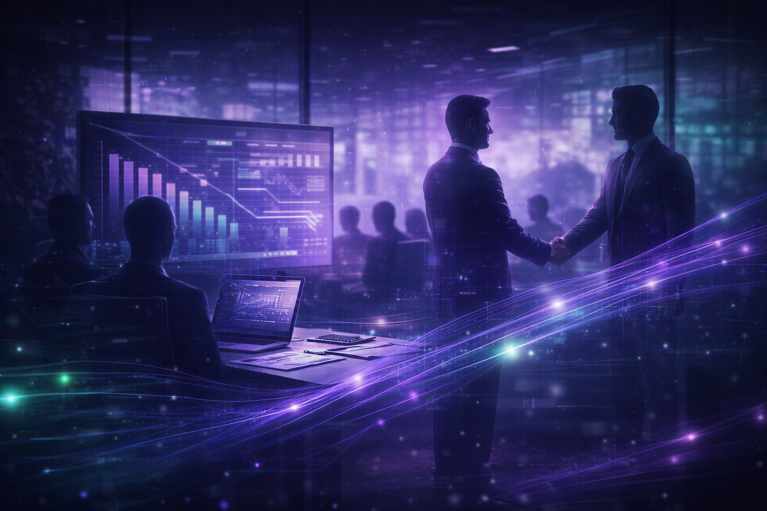 Businesspeople shaking hands in a high-tech office with digital graphs and holographic elements.