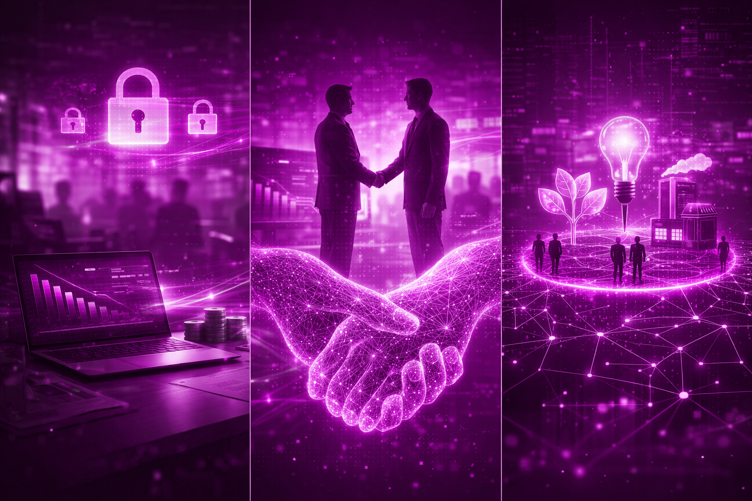 Digital illustration of business agreements and collaboration, featuring two men shaking hands, futuristic secure digital technology symbols, and interconnected glowing elements representing innovation and partnership.