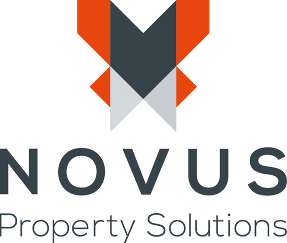 A logo with an abstract geometric shape resembling a fox or animal head, composed of dark gray, orange, and light gray triangles, above the text 'NOVUS Property Solutions'.