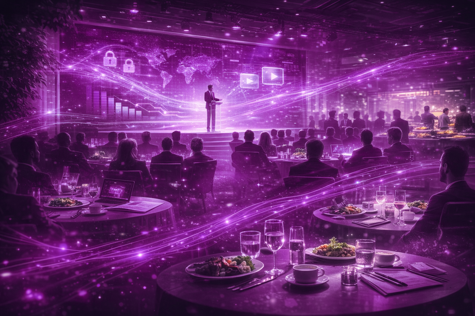 A digital composite of a business conference or presentation with a purple and pink futuristic overlay, showing a speaker on stage, an audience in a banquet hall setting, with digital graphs, world map, and tech icons projected in the background.