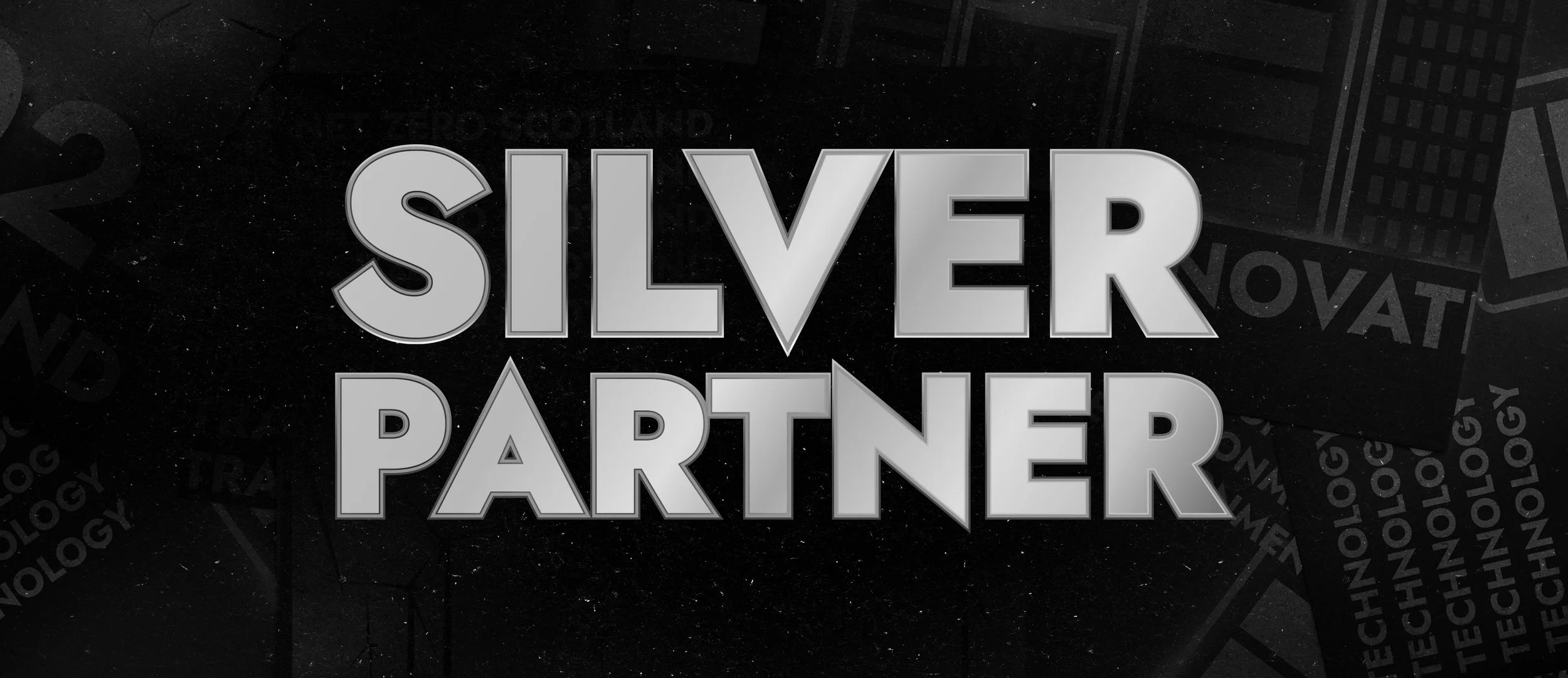 Large metallic silver text reads 'SILVER PARTNER' against a dark background with abstract shapes and words like 'TECHNOLOGY' and 'INNOVATION' faintly visible.