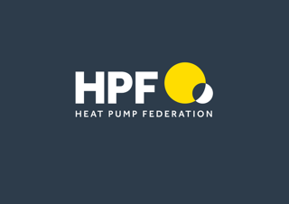 Logo of Heat Pump Federation with white text and yellow and black circle design on a dark background.