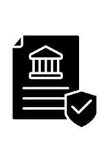 Icon of a legal document with a courthouse symbol and a shield with a checkmark.