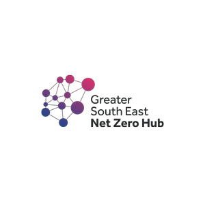 Logo for Greater South East Net Zero Hub with interconnected circles in purple, pink, and blue forming a network diagram.