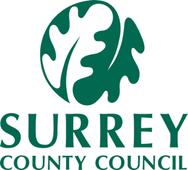 Surrey County Council logo with a stylized green oak leaf above the text 'SURREY COUNTY COUNCIL'