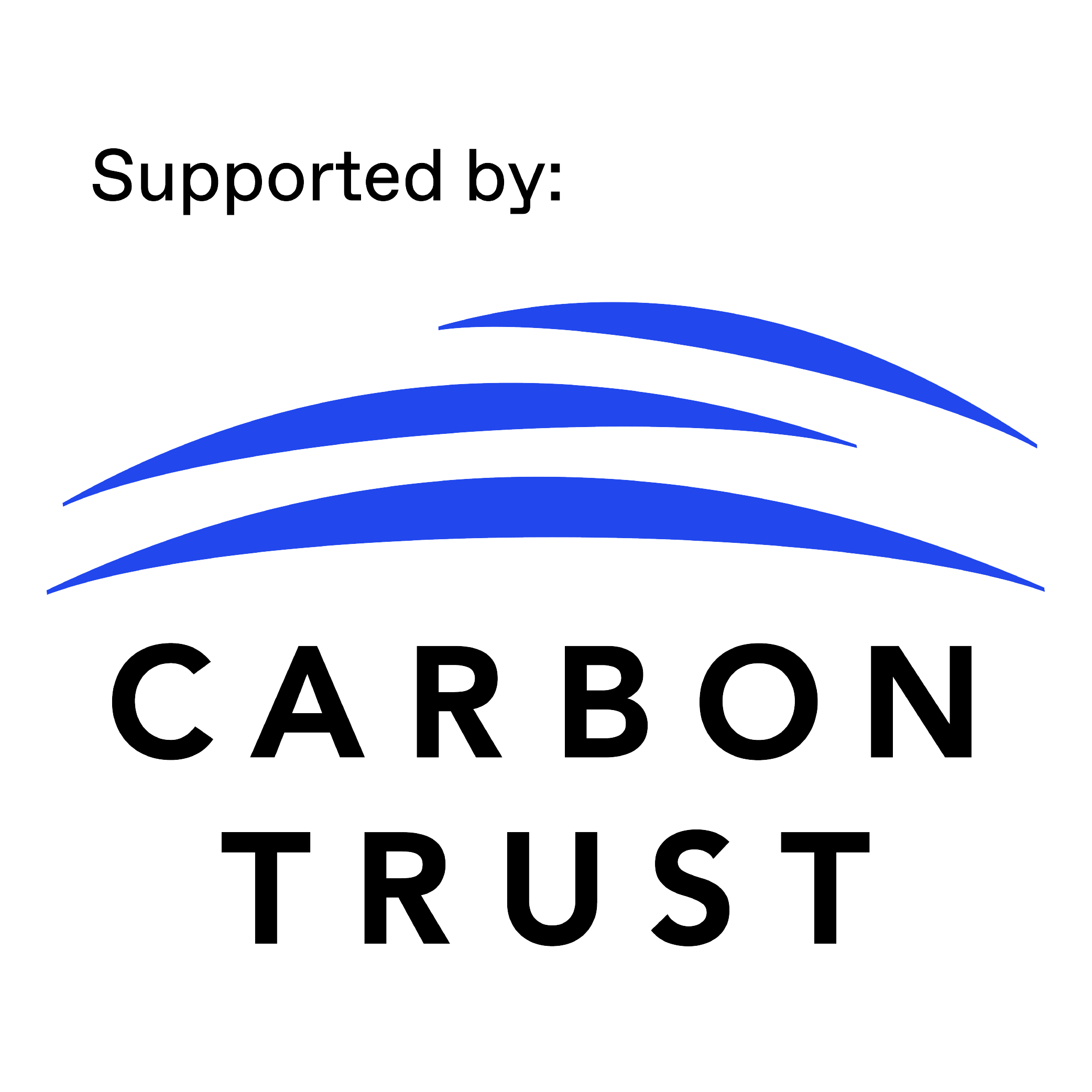 Logo featuring blue curved lines above the words 'supported by: carbon trust' with 'carbon trust' in large capital letters.