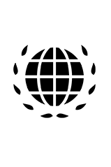 A black and white icon of a globe surrounded by a dashed circular border.