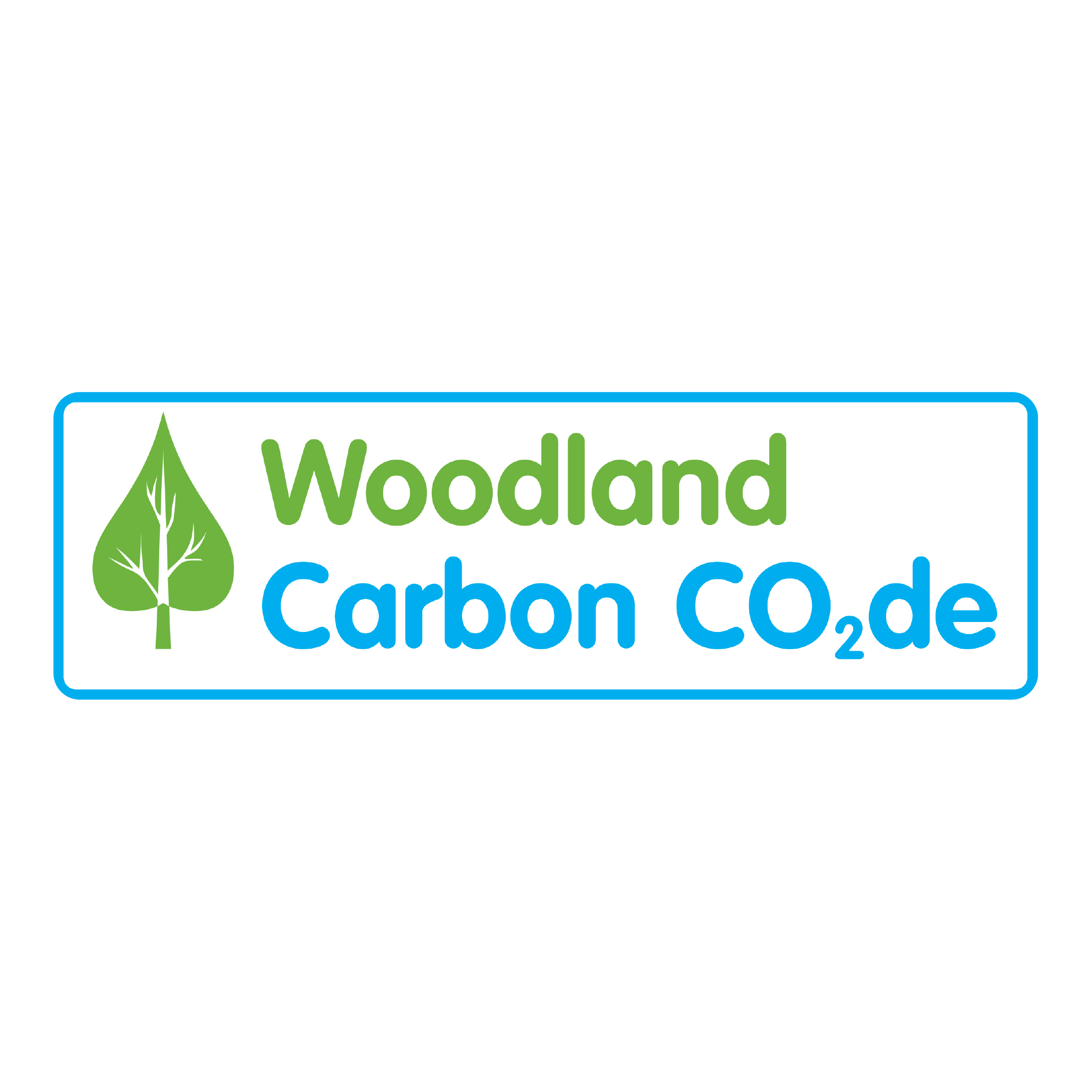 A logo for Woodland Carbon CO2.de featuring a green tree icon and text in green and blue, with a white background and a blue border.