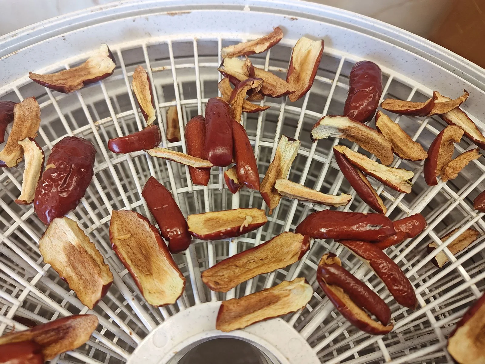 Jujubes with their pits removed and dried in a dehydrator