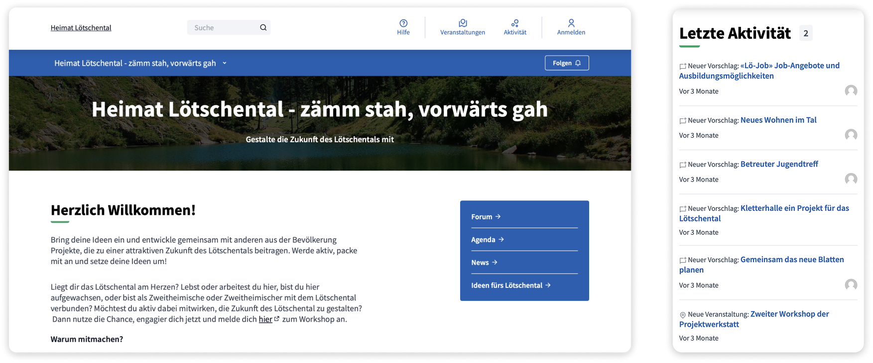 Screenshots of the Decidim platform for Heimat Lötschental.