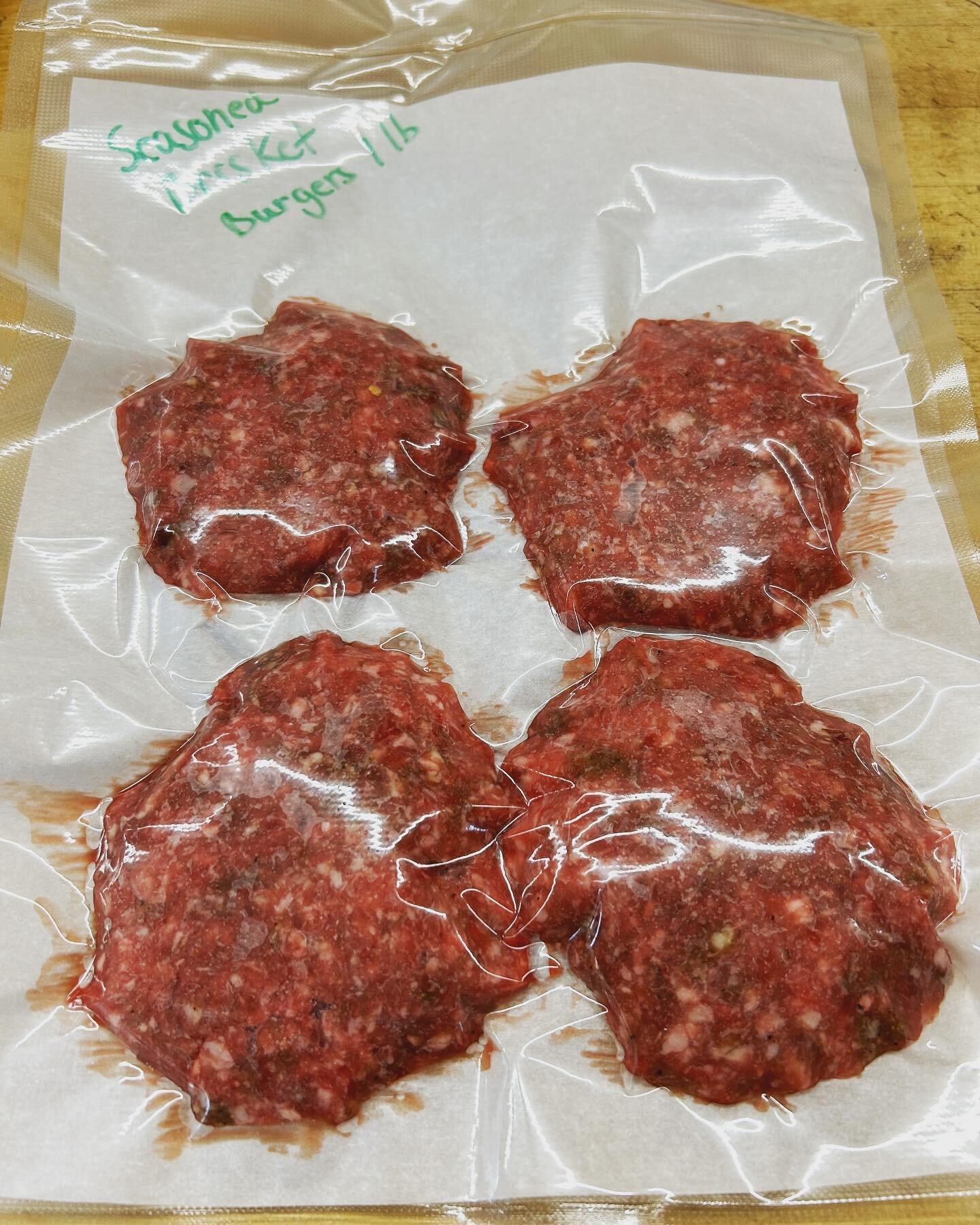 Brisket burgers ready for the grill, complete with seasoning! Get yours at the Farmers market on Saturday