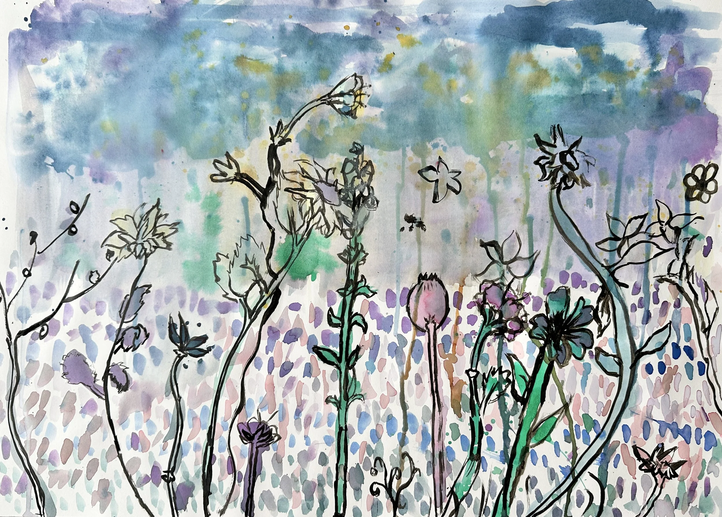 Watercolor painting of wildflowers with outlines, featuring a variety of flower shapes and colors, with a soft, abstract background in blue, purple, and green hues.