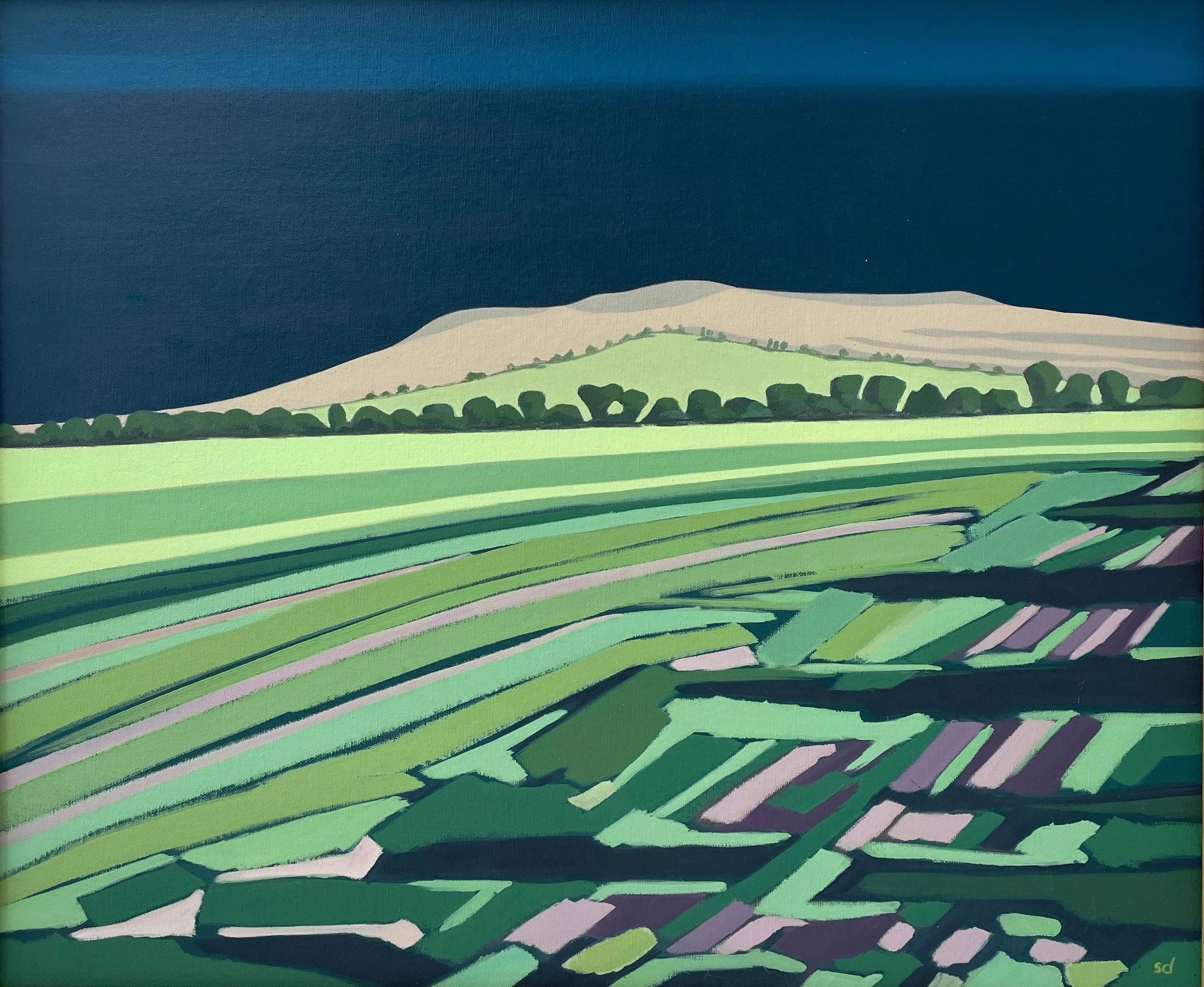 Painting of green fields with a mountain in the background under a dark blue sky.