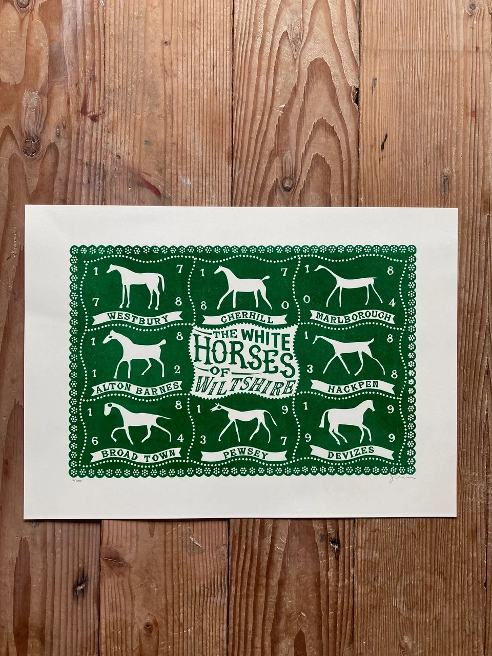 Wiltshire White Horses linoprint