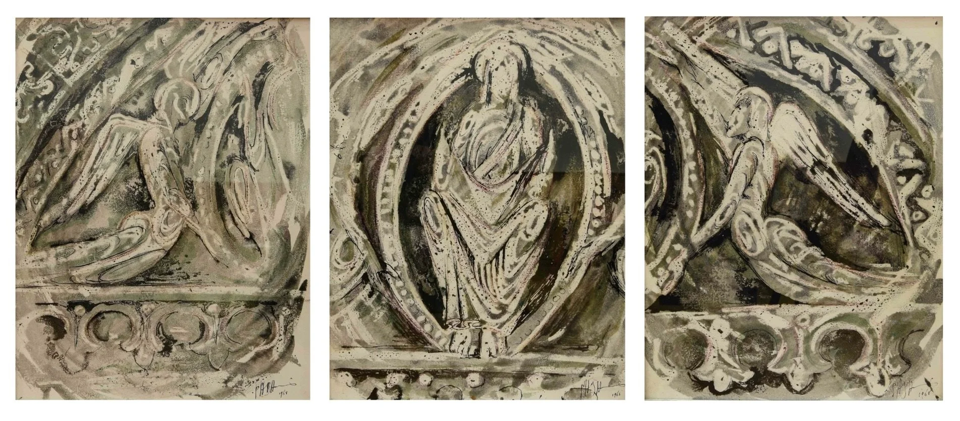Triptych of abstract religious artwork featuring angels and a central figure surrounded by intricate symmetrical designs in black, white, and beige tones.