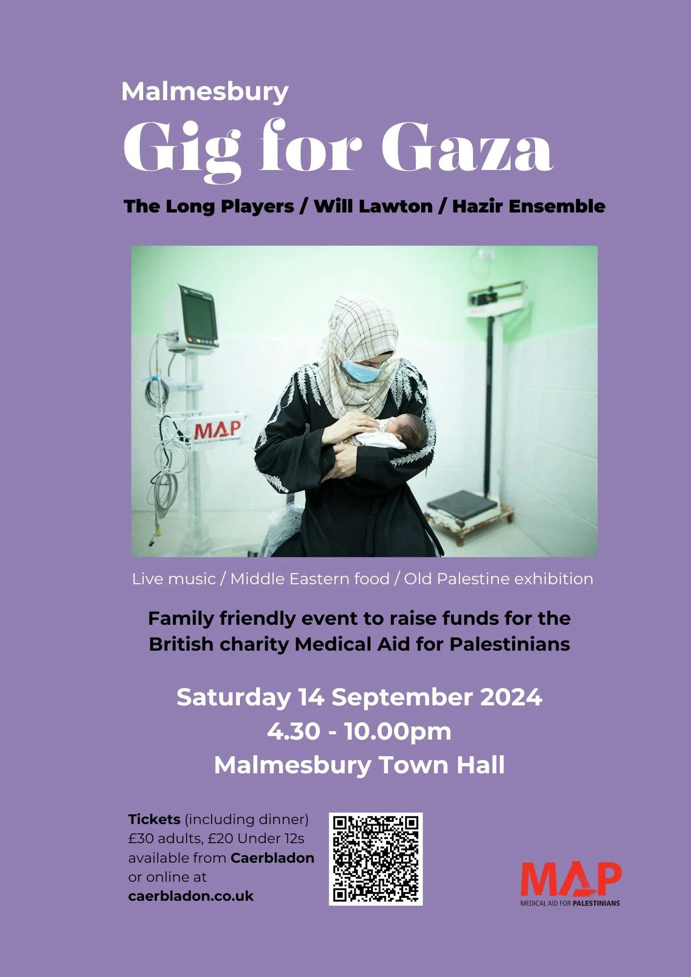 Flyer for 'Gig for Gaza' event featuring a woman in a hospital with a baby. The event is on September 14, 2024, at Malmesbury Town Hall, with live music, Middle Eastern food, and an Old Palestine exhibition. Supports British charity Medical Aid for Palestinians.