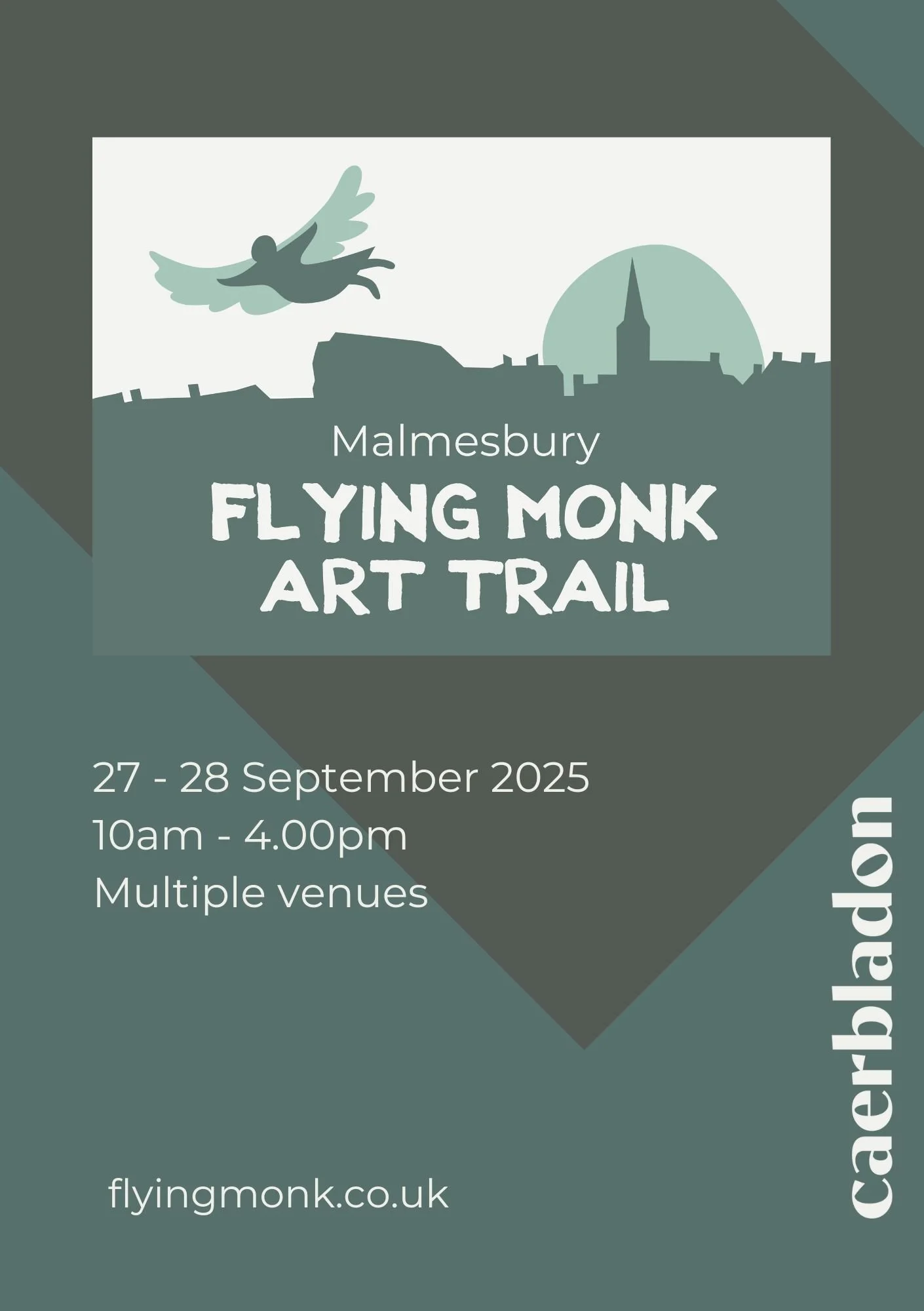 Flyer for Malmesbury Flying Monk Art Trail on September 27-28, 2025, from 10am to 4pm at multiple venues, featuring a silhouetted skyline, a church steeple, and a flying monk illustration.
