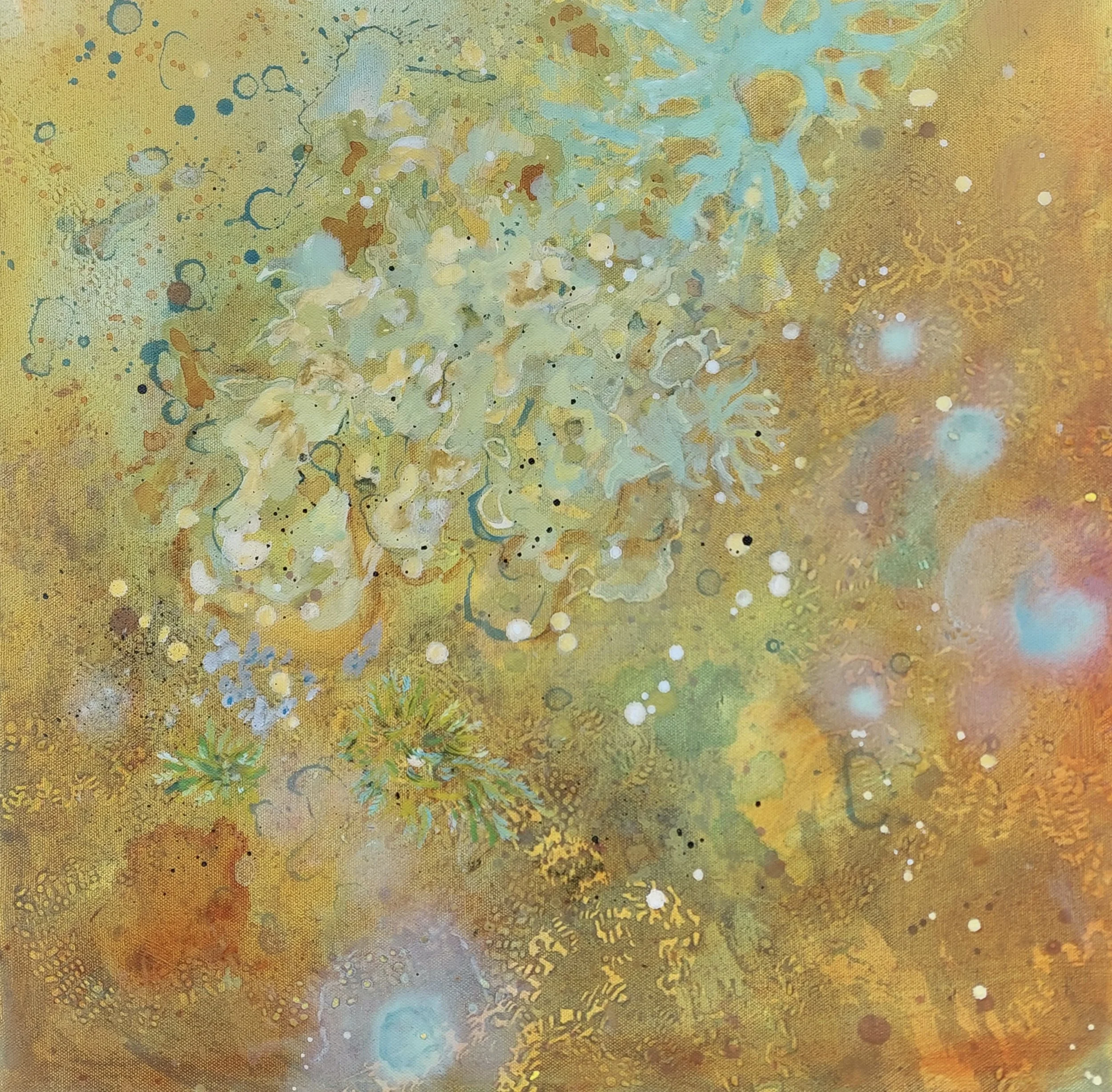 Abstract watercolor painting with shades of yellow, green, blue, and orange, featuring floral patterns, circular shapes, and specks of paint.
