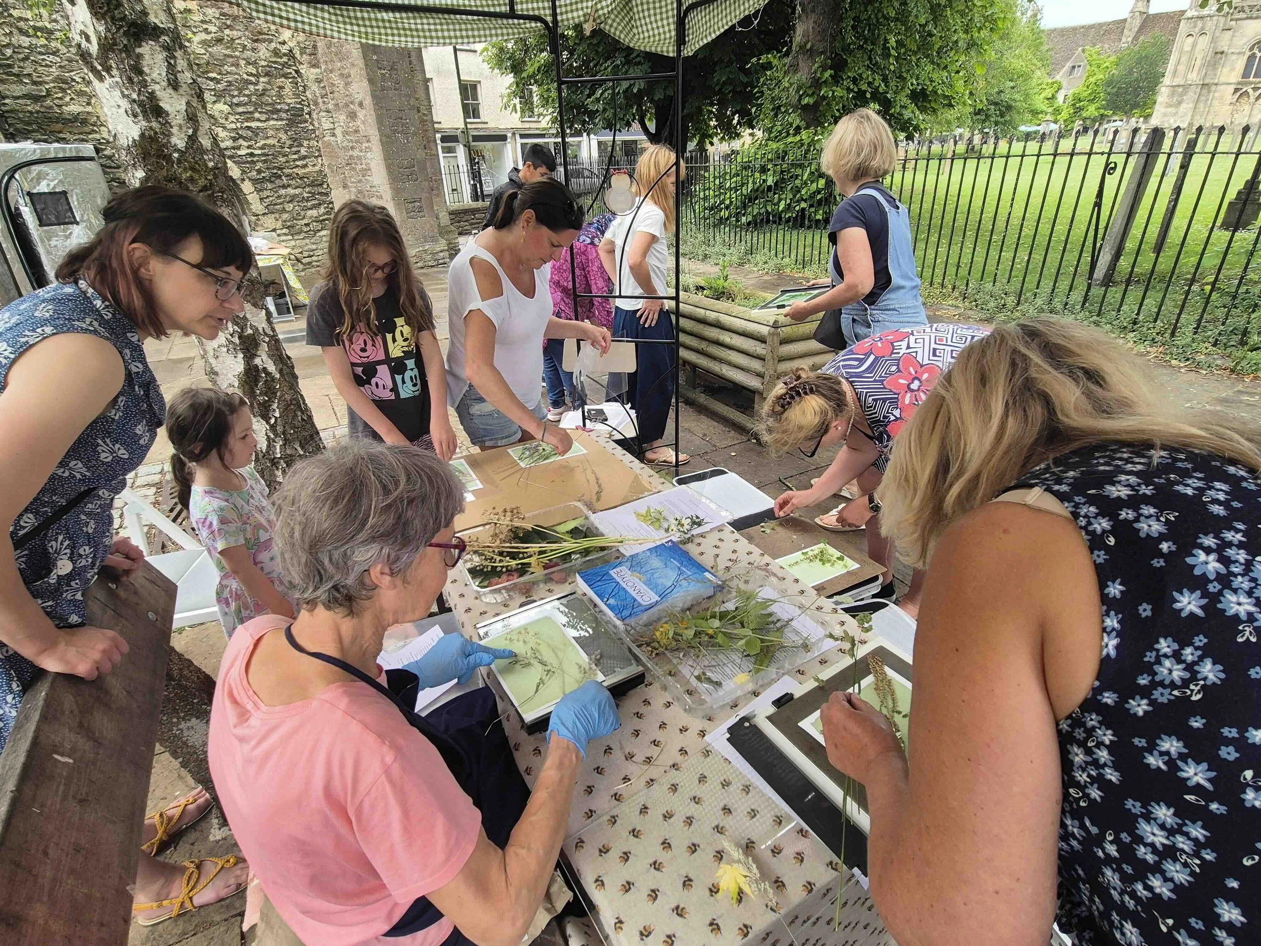 People gathered around a table outdoors examining and arranging pressed flowers and plant materials for a cyanotype workshop