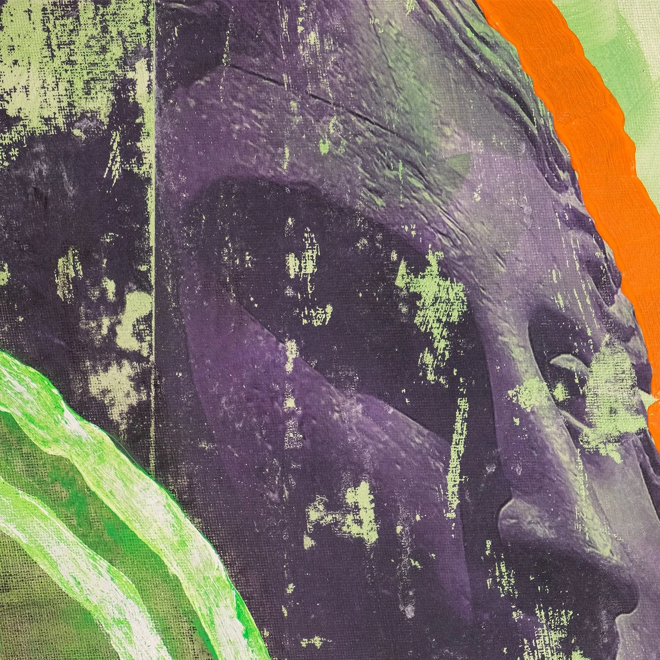 A close-up of a textured, printed image showing a purple-hued abstract face with closed eyes, surrounded by green, purple, and orange colors.
