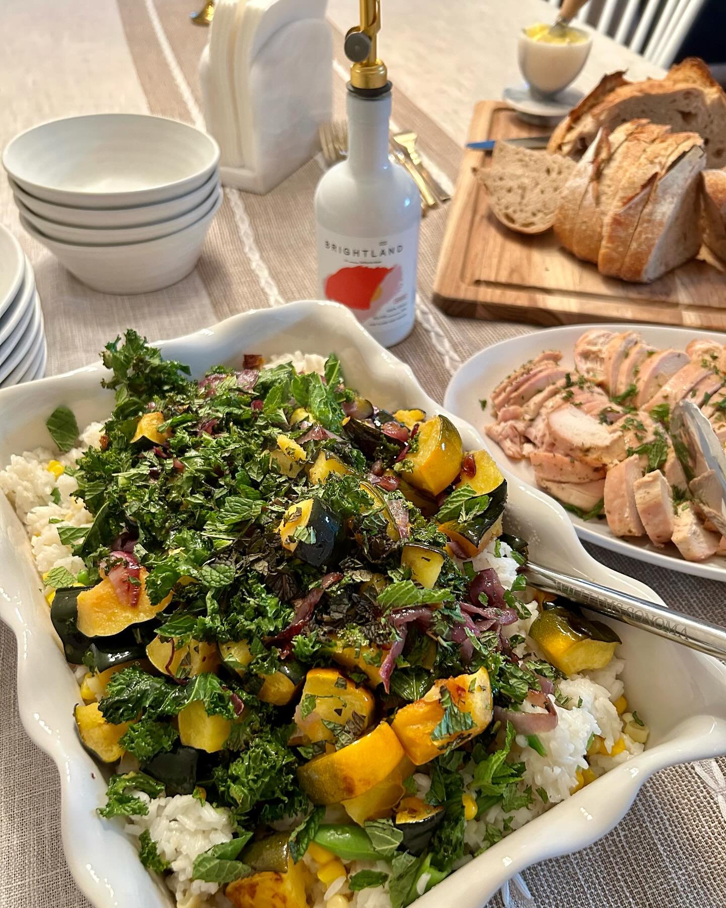 Some food, lately! 
1- roasted kale + acorn squash with spring salad, lemon chicken, and sourdough 
2- Peruvian chicken with green avocado sauce and plantains
3- fresh eggs for breakfast or lunch 
4- beef stew with caramelized mushrooms
5- chicken ta