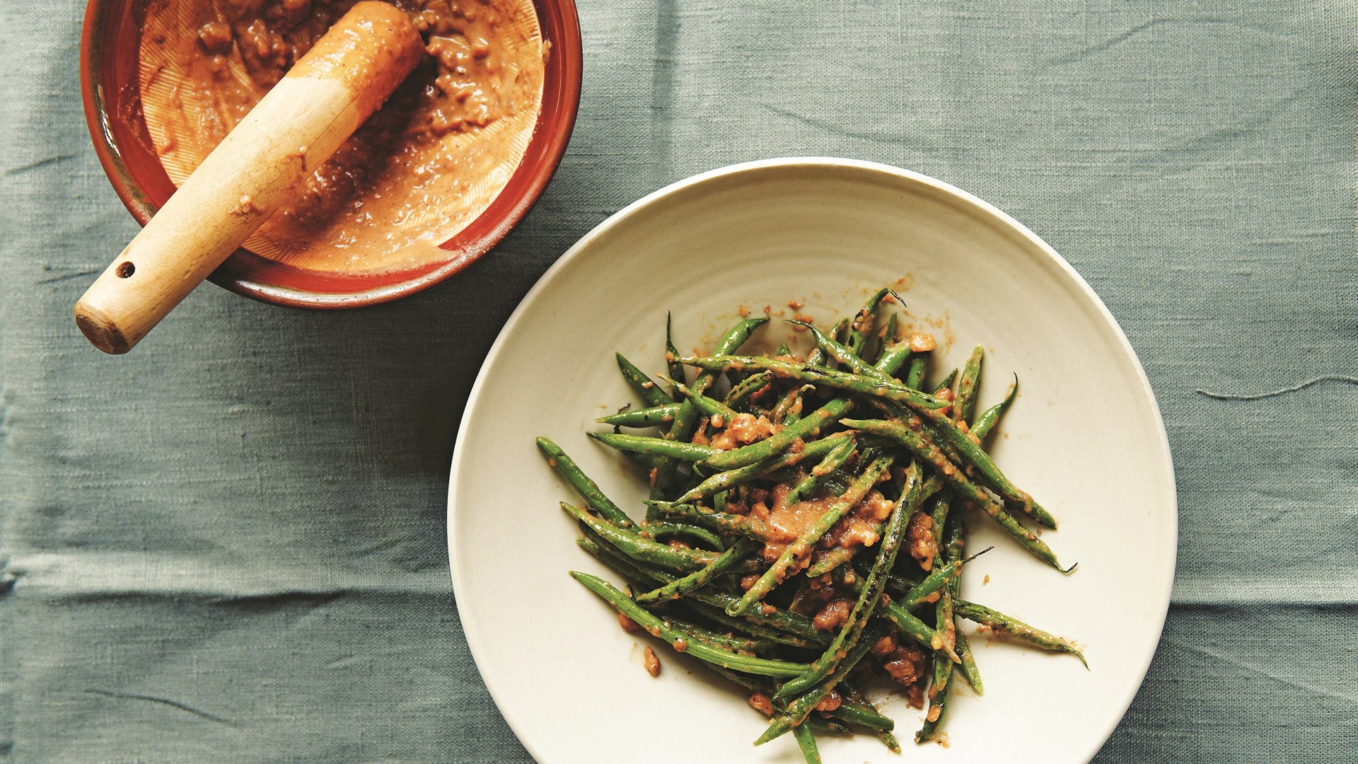 Grilled Green Bean salad with Roast Walnut Miso dressing