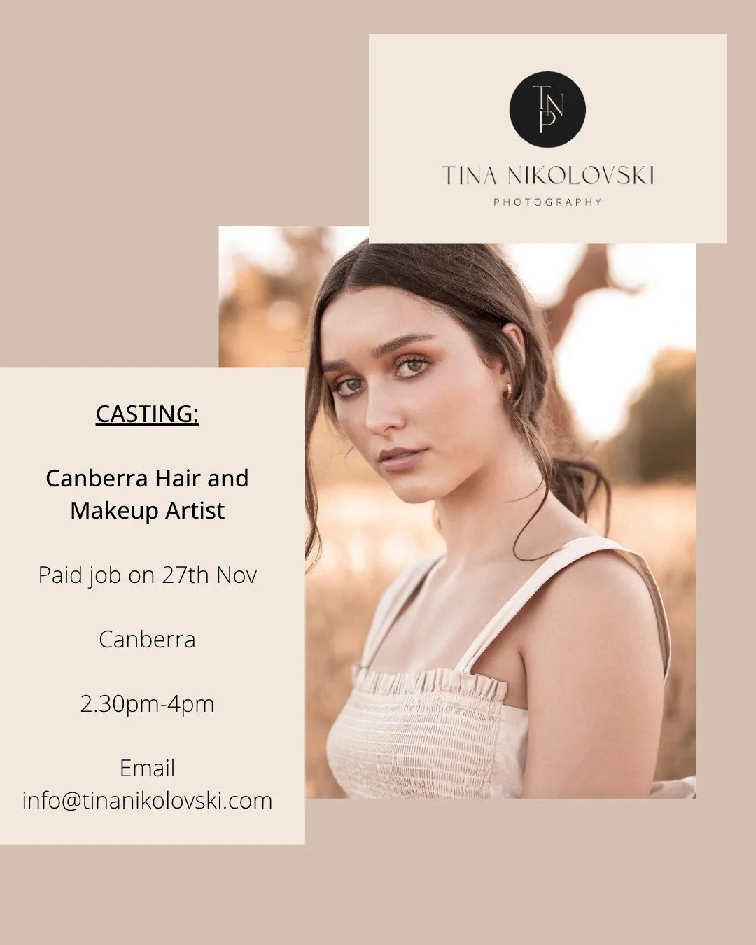 Get in touch asap! Need someone who does both (HMUA or makeup artist with basic hair skills)

Edutorial hair and makeup for a model portfolio ✨️ 

Thank you!

📧 info@tinanikolovski.com
www.tinanikolovski.com

#CanberraPhotography #ActorHeadshots #He