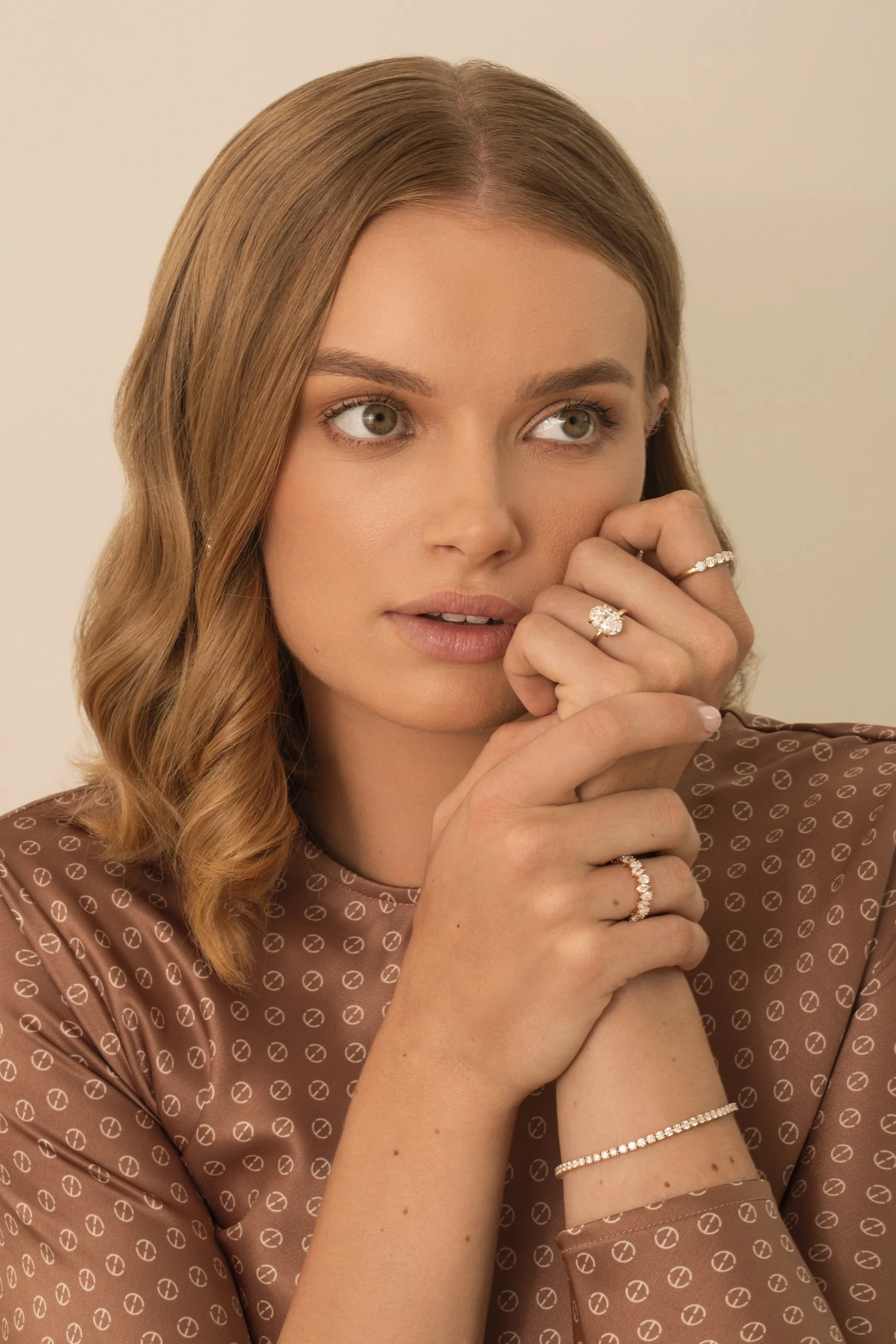 Photograph of  model Devojka wearing Unique Diamonds earrings, ring and necklace by Canberra photographer Tina Nikolovski