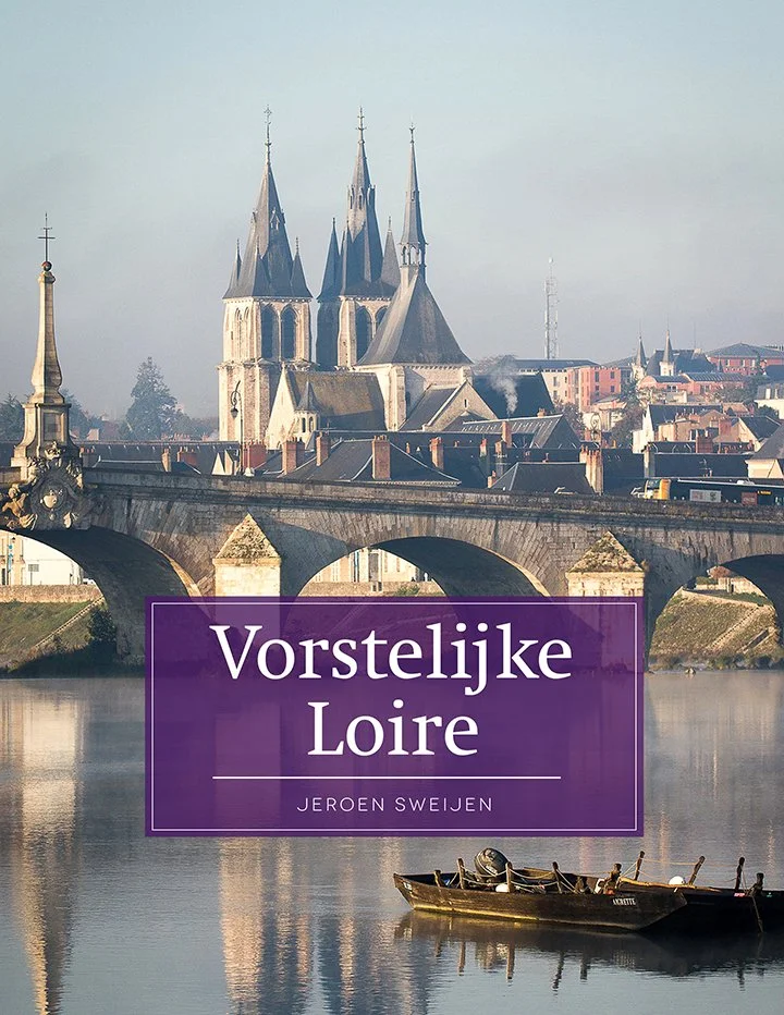 Een stad aan een rivier met een oude brug, kerktorens op de achtergrond, en een boot in de rivier. Titel op de afbeelding: 'Vorstelijke Loire' door Jeroen Swijen.