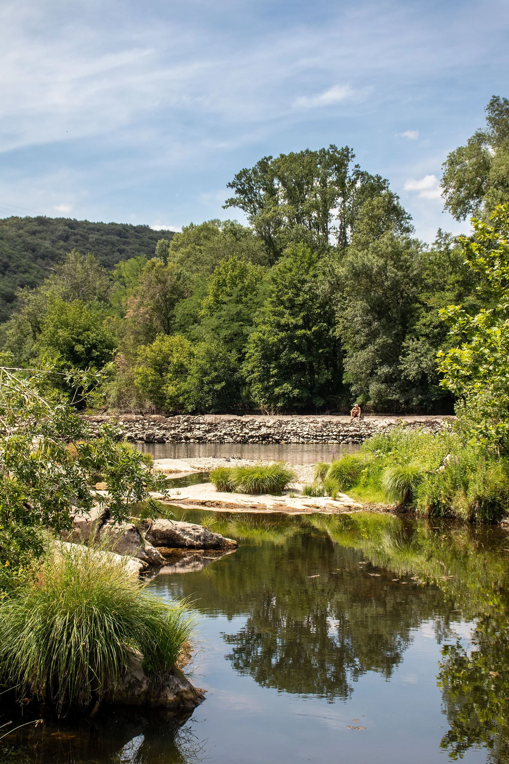 Natuurbeeld van een rustige rivier omgeven door groene bomen en struiken, met een blauwe lucht en lichte wolken erboven.