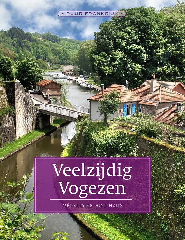 Uitzicht op een schilderachtig dorpje in Frankrijk met een rivier, boten, oude stenen muren, houten gebouwen met roodgedekte daken, en groene heuvels in de achtergrond.