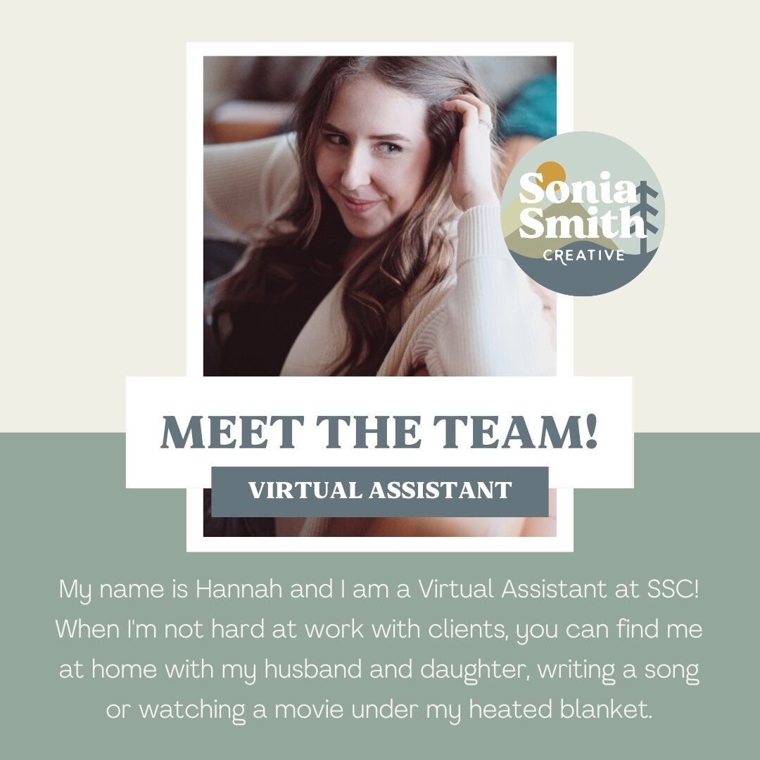 Meet the Sonia Smith Creative Team! ✨

Introducing one of our rockstar VA&rsquo;s - Hannah!

Hannah joined our team not too long ago and she&rsquo;s already hit the ground running! She&rsquo;s happy to jump in on whatever admin support you need to he