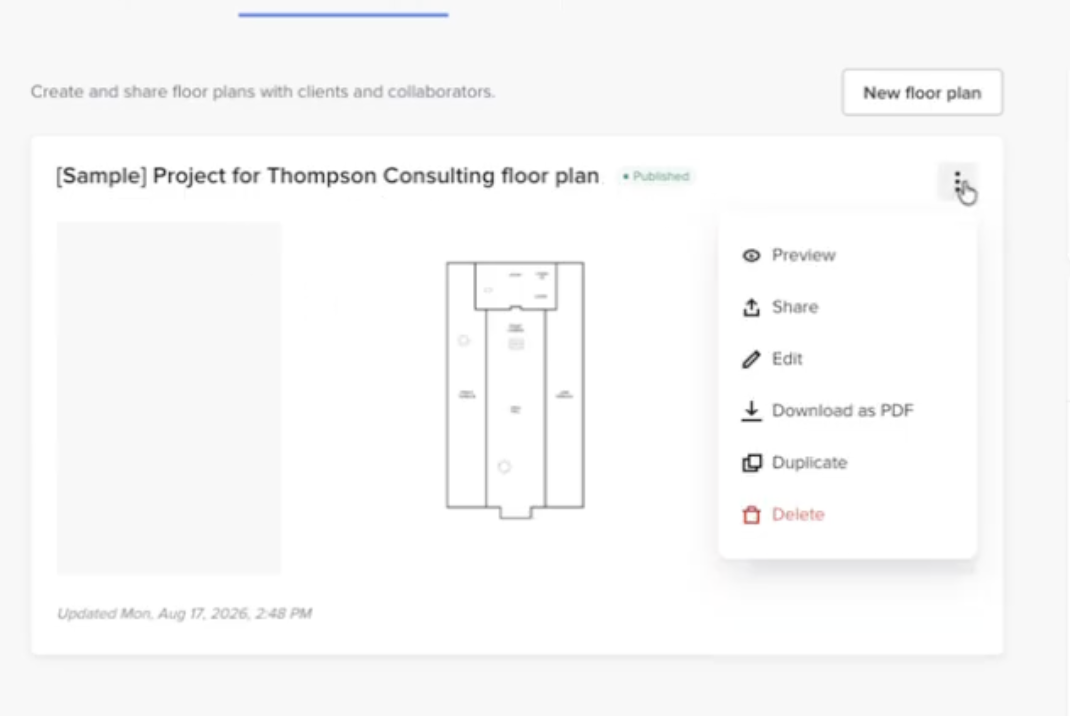 HoneyBook Floor Plans dropdown menu with options to preview, share, edit, download, and duplicate a floor plan.