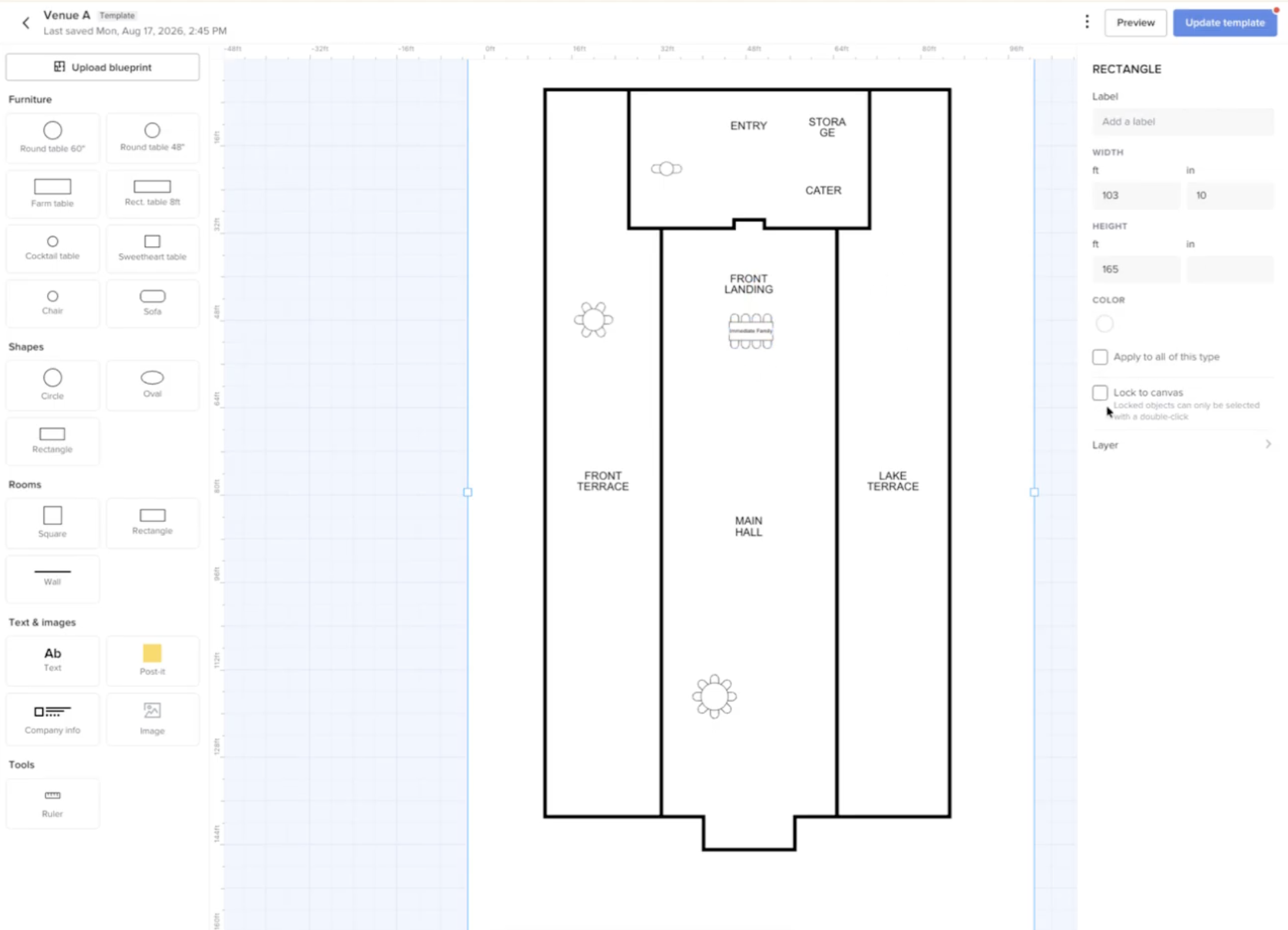 HoneyBook Floor Plan Builder showing a wedding venue floor plan being edited with tables, seating, and event layout elements.