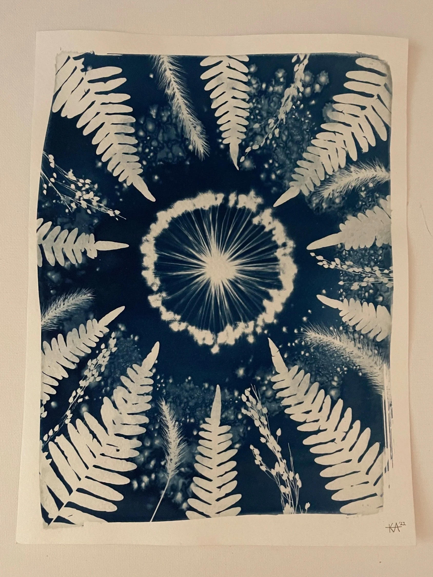 Event Horizon
9”x12”
Botanical Cyanotype on watercolor paper
created with sea salt and collections from the garden 
SOLD