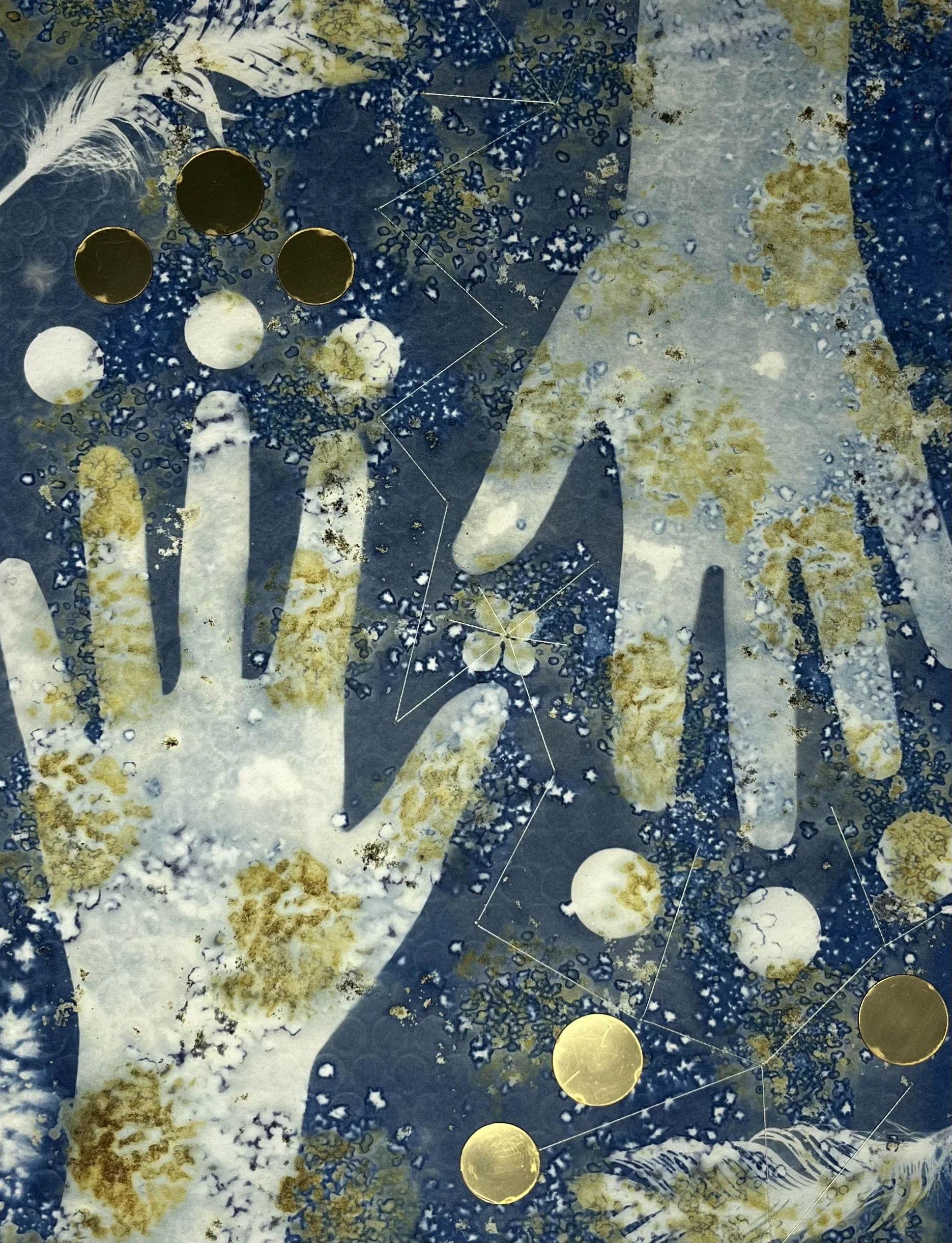 Reaching out from somewhere in-between: mixed media cyanotype for In-Between Exhibition (2025) 