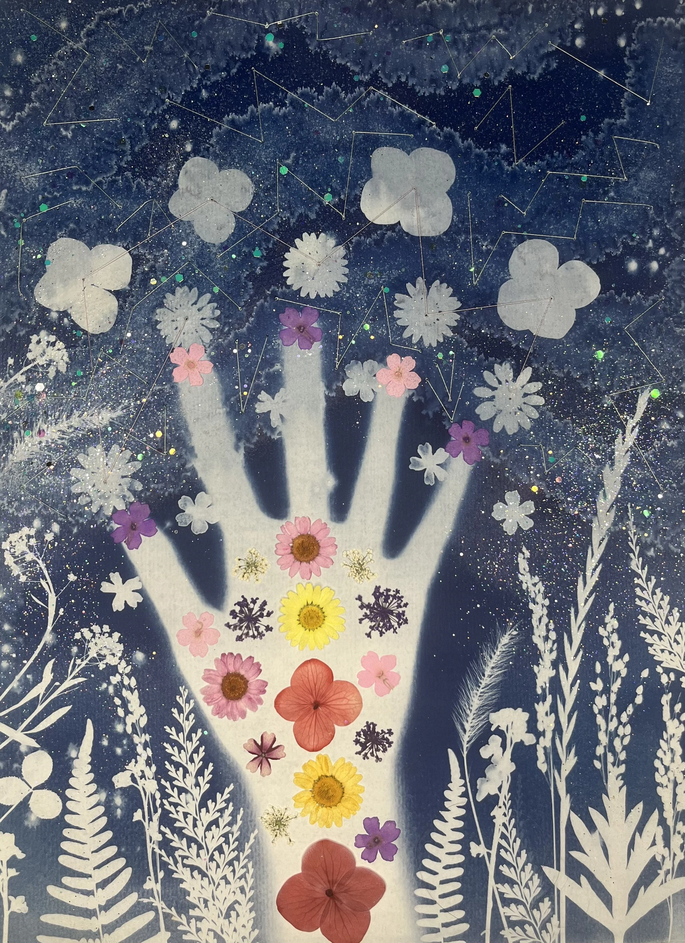 "Carry the blooms, burn the weeds" Mixed media glow-in-the-dark cyanotype for In-Between Exhibition (2025) and Motif Magazine cover design (May 2025)