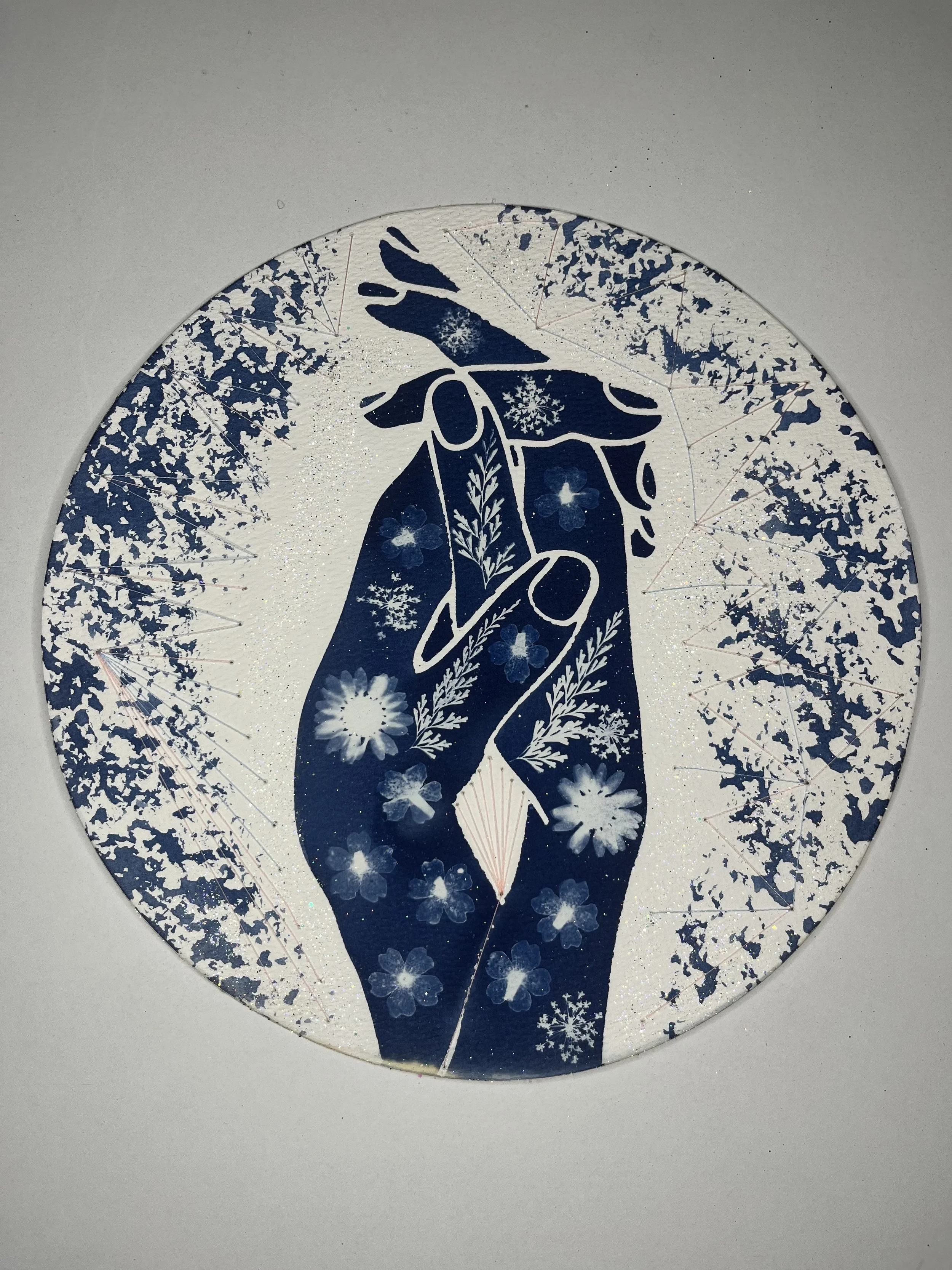 Reaching out from somewhere in-between: mixed media cyanotype for In-Between Exhibition (2025) 