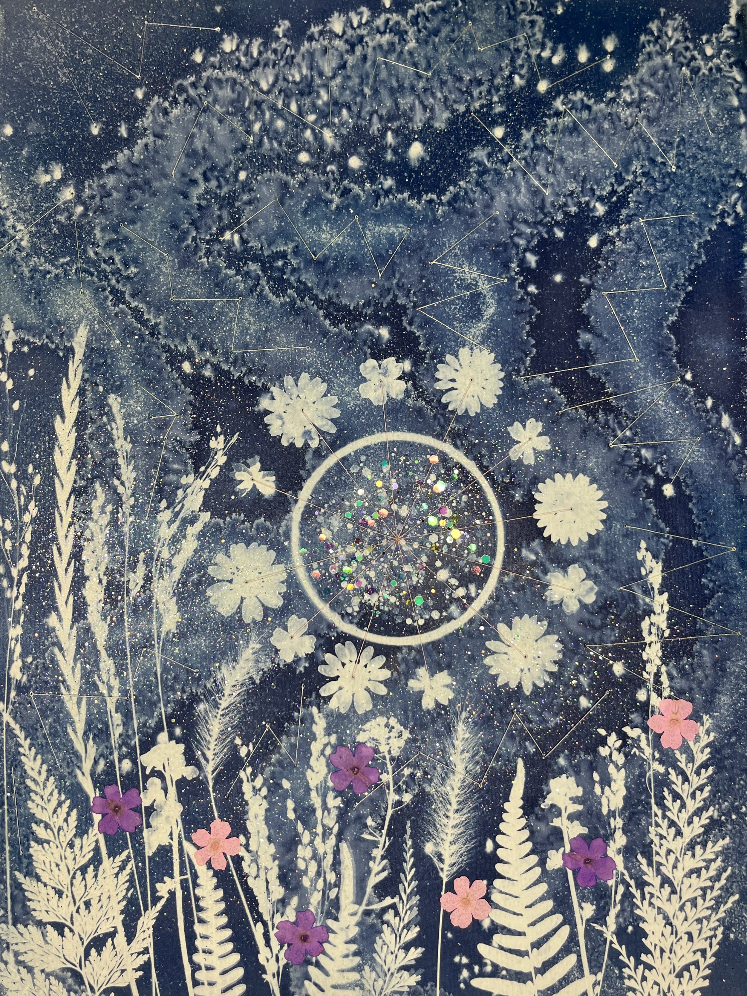 "Beltane Blessings" Mixed media glow-in-the-dark cyanotype