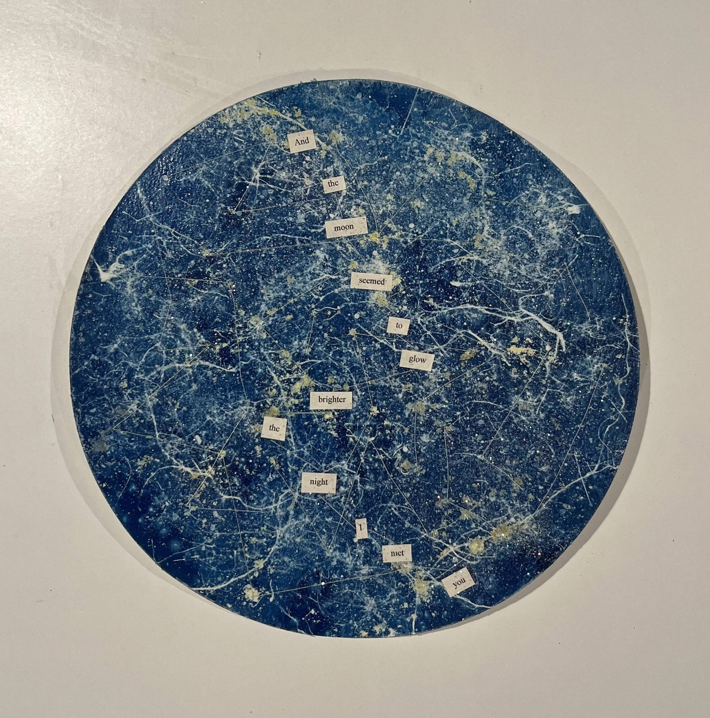 "First Date on a Full October Moon" Mixed Media Cyanotype with glow-in-the-dark thread and glitter