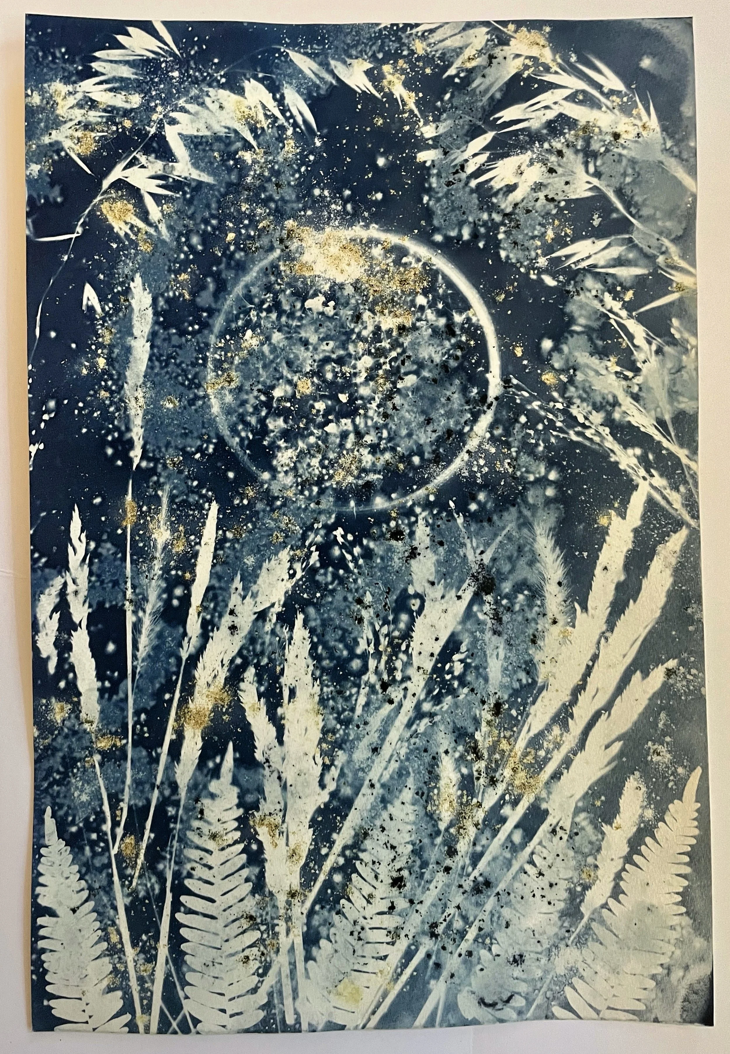 The Mystery of Melancholia 
(Cosmic Garden 2022)
12”x18”
Botanical Cyanotype on watercolor paper
created with sea salt, turmeric, collections from the garden
SOLD