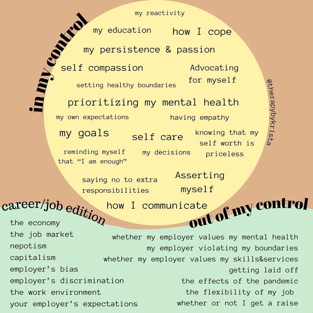 It&rsquo;s #TherapyThursday ✨

Today we explore what&rsquo;s in our control and what is out of our control in our jobs/career which can be a great source of anxiety and stress. 

#mentalhealth #mentalhealthawareness #stress #job #career #anxiety #bou