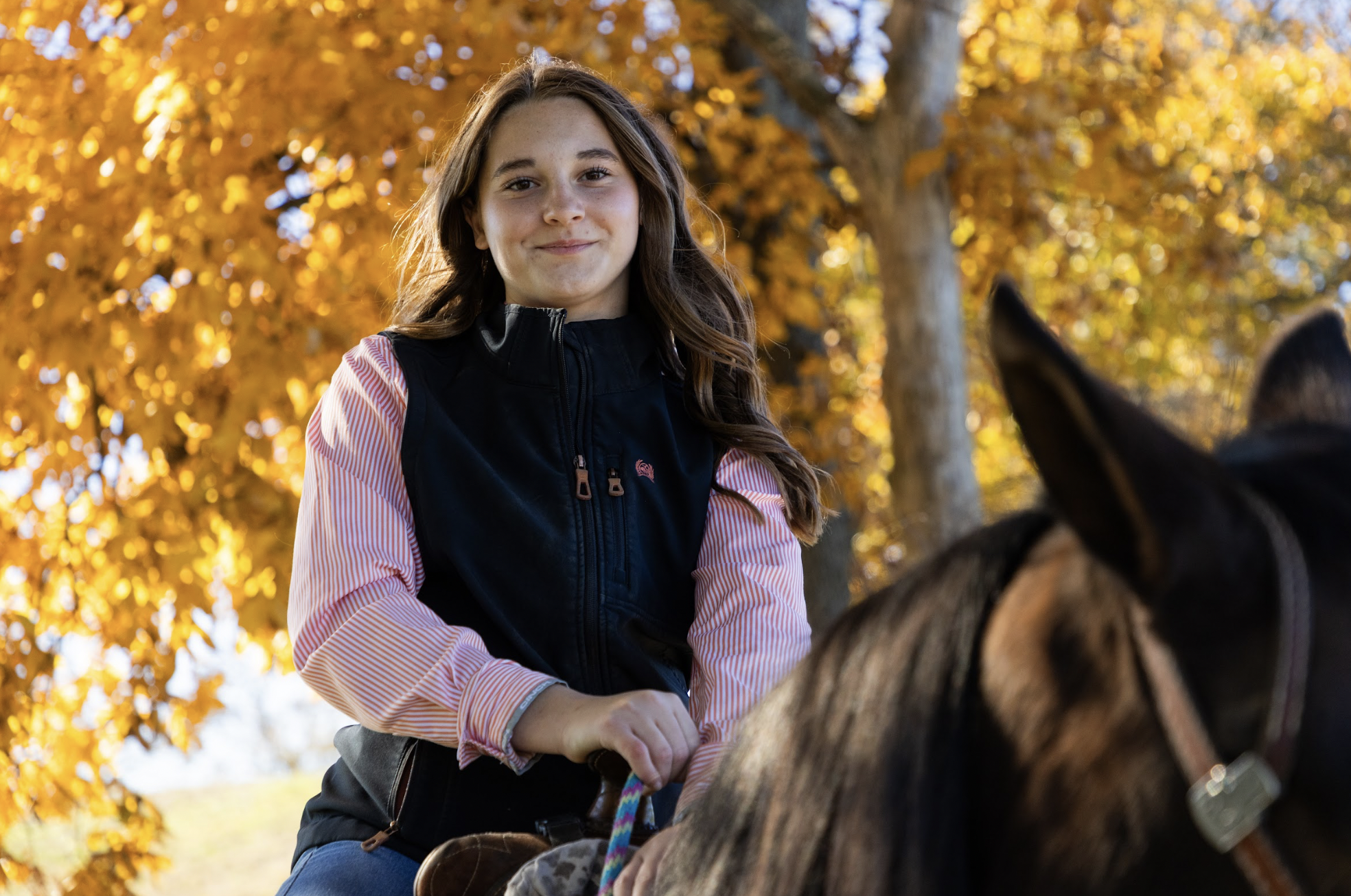 Young woman riding a horse outdoors during autumn with orange fall leaves in the background.