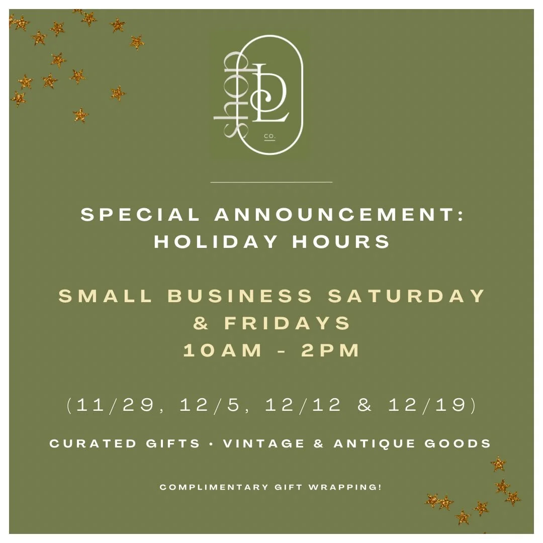 ✨ Holiday Hours Are Here ✨

Join us in the studio on Small Business Saturday + Fridays from 10AM &ndash; 2PM for curated gifts, vintage &amp; antique finds, and thoughtful pieces for everyone on your list.

🎁 Complimentary gift wrapping
🛍️ Shop sma