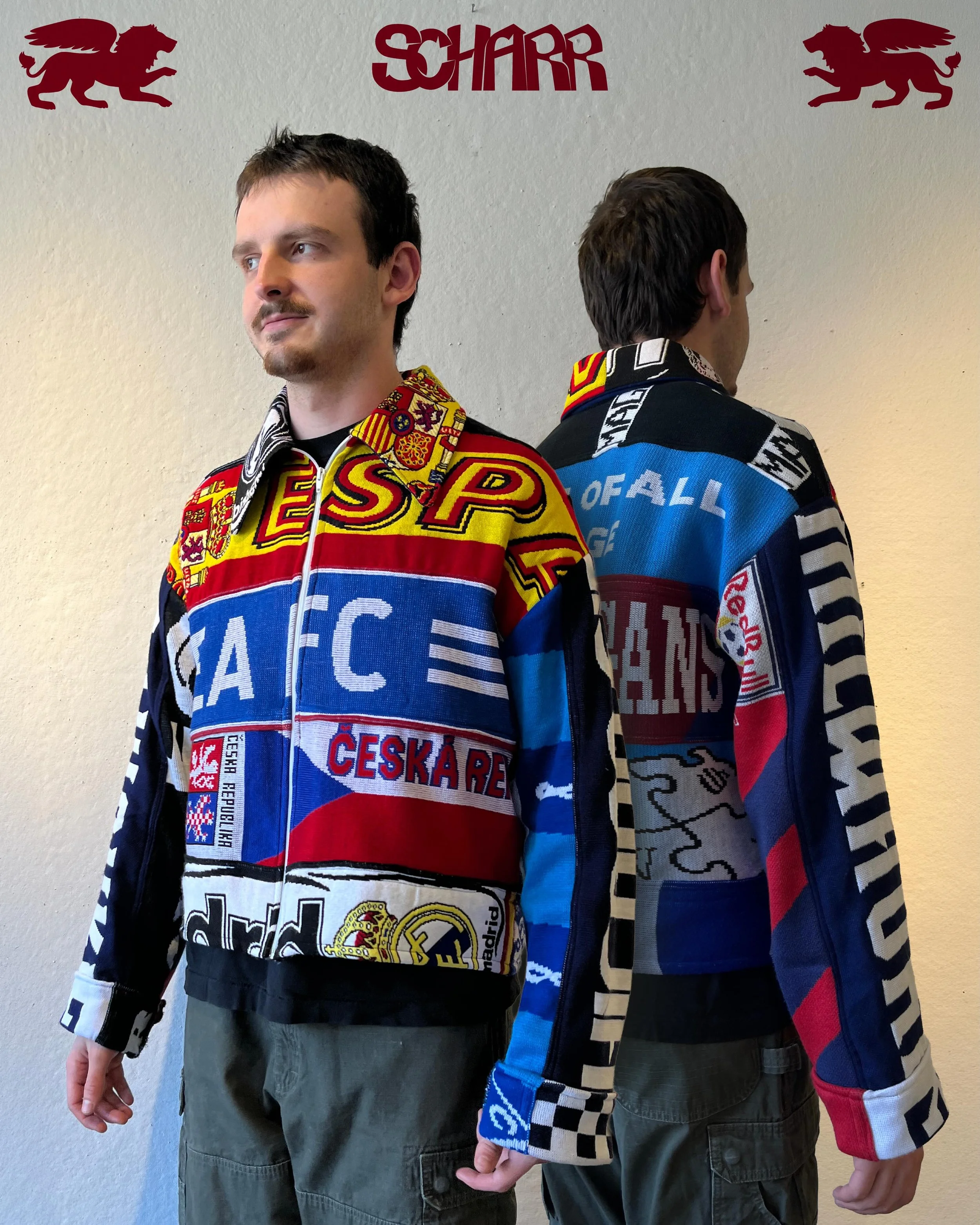 from the scharrchives circa 2023 - the soccer scarf jacket was created as a school project @miadcollege inspired by a similar jacket spotted at a notting hill flea, created using thrifted scarves and zip! the wikipedia scarf is a highlight!

&bull;
#