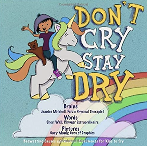 Children riding a unicorn with a rainbow mane, holding a teddy bear, and smiling. The text says, "Don't Cry Stay Dry," with rainbow colors and fluffy clouds in the background.
