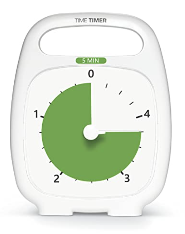 A white timer with a circular dial marked from 0 to 4, showing approximately 3.5 minutes remaining, with green shaded area indicating the time left.