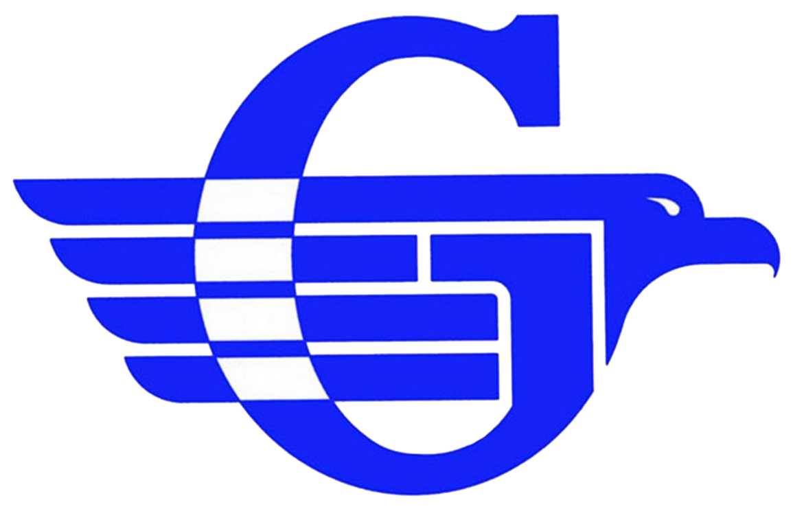 A logo combining a blue eagle with outstretched wings and a stylized letter G in blue, featuring horizontal stripes.