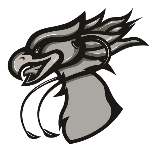 A stylized black and gray graphic of a dragon or griffin with a fierce expression.