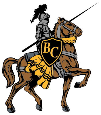 Knight in armor riding a horse with a lance, holding a shield with the letters 'BC'.